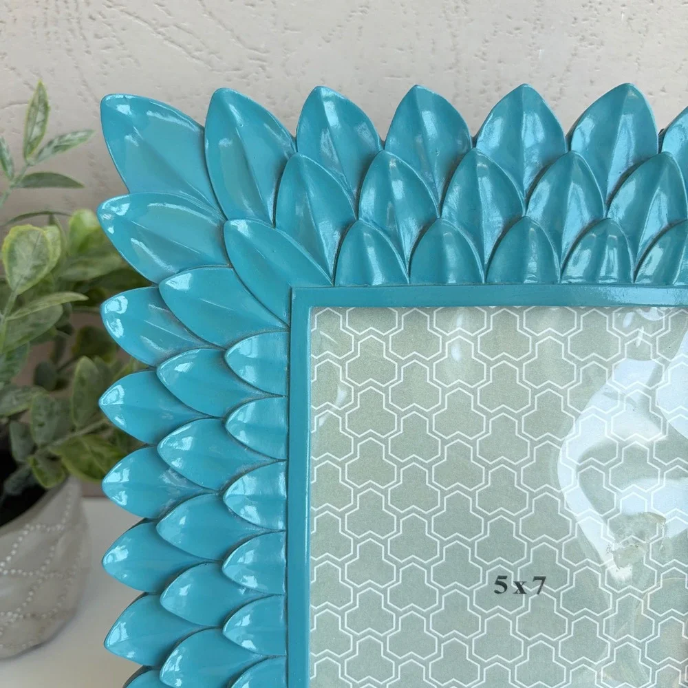 Three Hands Turquoise Metal Petal Leaf 5x7 Picture Frame Teal Glossy Rectangular